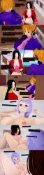 3d absurdres black_hair blue_eyes blush boa_hancock breasts brown_hair carina_(one_piece) closed_eyes clothed cyanstargazer dialogue english_text female_only femdom hair_covering_one_eye long_hair multiple_girls multiple_subs nipples nude one_piece orange_hair pink_eyes purple_eyes short_hair sweat text tribadism vegapunk_lilith yuri
