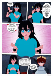 black_hair blue_eyes blush clothed comic dialogue dragon_girl femsub long_hair maledom panties rollb skecchyartist skirt spiral_eyes text