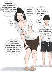 ass blush breasts comic disgustinggirl_(manipper) femdom horsetail humor incest large_breasts malesub manip mother_and_son skirt text trigger unaware