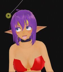  3d animated animated_gif blush breasts cleavage clothed dark_skin dazed elf_ears female_only femsub happy_trance large_breasts long_hair open_mouth pendulum ponytail purple_hair resisting robertross shantae shantae_(series) smile swaying tongue tongue_out 