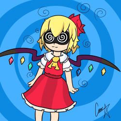 blonde_hair female_only femsub flandre_scarlet glasses happy_trance hypnotic_accessory shyker simple_background solo spiral spiral_eyes symbol_in_eyes tech_control touhou vampire visor wings