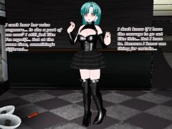 3d boots cleavage corset cyan_hair earrings fingerless_gloves flamekin flashlight ghost_girl goth high_heels large_breasts leather makeup nail_polish piercing possession short_hair skirt text transgender yellow_eyes