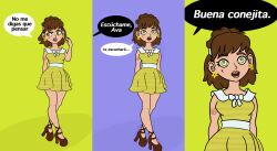  ava_(avabluecat) avabluecat brown_hair clothed comic dialogue dress earrings female_only femsub green_eyes happy_trance high_heels multiple_views open_mouth original short_hair smile solo spanish spiral_eyes spiralwash_eyes standing tattoo text translated trigger 