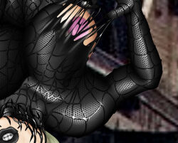  alien black_lipstick blonde_hair bodysuit clothed_exposure female_only femsub gwen_stacy large_breasts lipstick living_costume marvel_comics nipples parasite po_ex resisting solo spider-man_(series) symbiote torn_clothes venom_(marvel) 