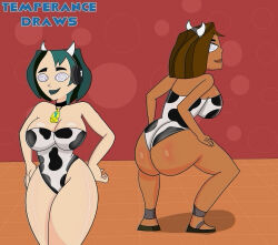  ass breasts brown_hair courtney_(total_drama) cow_girl cow_print cowbell dark_skin female_only femsub goth gwen_(total_drama) hand_on_hip happy_trance headphones multicolored_hair multiple_girls multiple_subs netorare short_hair spiral_eyes squatting tech_control temperancedraws total_drama 