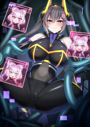  blush breasts brown_hair cat_ears cat_girl femdom femsub hacking i:p_masquerena kutan large_breasts maliss_p_chessy_cat navel pants purple_eyes restrained see-through spread_legs thighs twintails yu-gi-oh! 