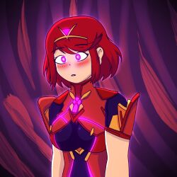   blush expressionless femsub glowing glowing_eyes nintendo pink_eyes pyra_(xenoblade) red_hair scoobydid short_hair simple_background xenoblade_chronicles xenoblade_chronicles_2