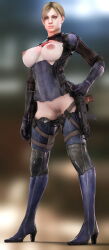3d blonde_hair blue_eyes bobyshal bodysuit breasts erect_nipples expressionless female_only femsub glowing hand_on_hip jill_valentine looking_at_viewer navel nipples p30 ponytail pussy pussy_juice resident_evil resident_evil_5 solo standing sweat topless torn_clothes weapon