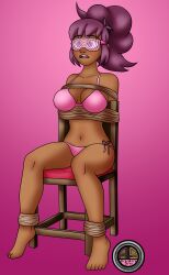 barefoot bikini chair dark_skin eyebrows_visible_through_hair ordeper_arts original purple_hair rope signature simple_background spiral_eyes starla_(courierbutterfly) tied_hair visor