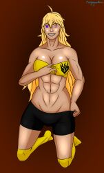 absurdres blonde_hair breasts empty_eyes female_only femsub happy_trance heterochromia large_breasts long_hair megaguardain rwby smile underwear undressing yang_xiao_long