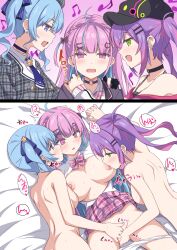  aqua_minato arakage bed before_and_after blue_eyes blue_hair blush breasts clothed collar comic earrings empty_eyes female_only femdom femsub fingering green_eyes hair_ornament holding_hands hololive hypnotic_voice large_breasts licking multicolored_hair multiple_doms multiple_girls nipples nude on_back open_clothes open_mouth open_shirt panties pink_eyes pink_hair purple_hair sex skirt suisei_hoshimachi sweat threesome towa_tokoyami virtual_youtuber yuri 