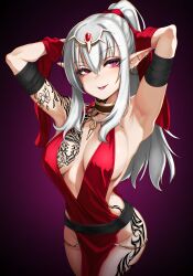 absurdres alternate_costume alternate_hair_color armpits arms_above_head belt body_markings breasts cleavage collar corruption dragon_girl dress earrings elf_ears erect_nipples erect_nipples_under_clothes eye_color_change eyebrows_visible_through_hair femsub fire_emblem fire_emblem_awakening fire_emblem_shadow_dragon_and_the_blade_of_light gradient_background grima_(fire_emblem_awakening) hair_color_change hair_ornament happy_trance jewelry large_breasts long_hair looking_back necklace nintendo nipples ponytail possession red_eyes simple_background smile tattoo thighs tiki_(fire_emblem) white_hair xxdrosselxx