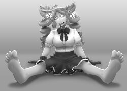  brushie_art drool feet female_only femsub foot_focus gloves greyscale happy_trance open_mouth original ribbon ring_eyes simple_background sketch skirt solo spiral spread_legs tortellini_(whatapizzashit) 