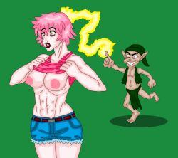  abs absurdres elf_ears exposed_chest femsub jean_shorts large_breasts magic mspainter open_mouth piercing pink_hair shrunken_irises simple_background 