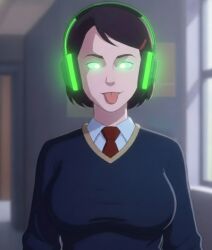ai_art brown_hair clothed female_only femsub headphones hypnotic_accessory looking_at_viewer maddie_kim pantheon_(series) school_uniform short_hair solo standing suit sweater tech_control tie tongue tongue_out zupern0va_(manipper)