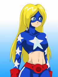  animated animated_gif blonde_hair breasts dc_comics hypnotic_accessory large_breasts long_hair microchip midriff spiral_eyes stargirl super_hero symbol_in_eyes tech_control zero-q 