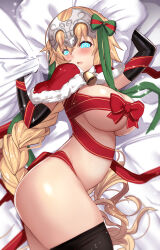 bed bell_collar blonde_hair blush breasts christmas cleavage collar fate/grand_order fate_(series) femsub gloves glowing glowing_eyes huge_breasts jeanne_d&#039;arc_(fate) large_ass large_hips long_hair looking_at_viewer manip misterman4_(manipper) naked_ribbon open_mouth opera_gloves ponytail ribbon spiral_eyes symbol_in_eyes tagme thighhighs untsue