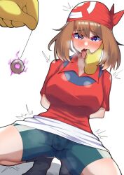 arms_behind_back bandana blue_eyes blush breasts brown_hair cameltoe cleavage clothed coin femsub finger_in_mouth hand_on_another&#039;s_cheek heart_eyes hypno large_breasts may nintendo pendulum phantom_hand pokemon pokemon_ruby_sapphire_and_emerald shutchi solo squatting thighs tongue tongue_out white_background