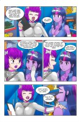 bare_shoulders bow cleavage comic crown dialogue dress empty_eyes equestria_girls femdom femsub freckles happy_trance kimberly_smith_(daveyboysmith9) large_breasts multicolored_hair my_little_pony open_mouth opera_gloves original princess purple_eyes purple_hair purple_lipstick purple_skin story text twilight_sparkle wadevezecha