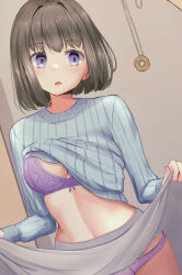  absurdres blush bra breasts brown_hair cellophane_tape cleavage clothed_exposure coin drool expressionless eyebrows_visible_through_hair eyelashes female_only femsub grey_hair indifferent lace lingerie long_skirt navel open_mouth original panties pendulum purple_eyes shirt_lift short_hair skirt skirt_lift sweater undressing 