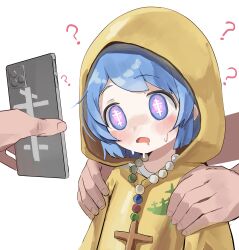  blue_eyes blue_hair blush cross drool femsub glowing_eyes hoodie hypnotic_screen kagana_helsuki loli luce_(jubilee_2025) necklace open_mouth original phone short_hair sweat 