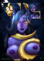  black_hair breasts coils elf_ears femsub lapislazuliart long_hair nipples original purple_skin ring_eyes snake topless 