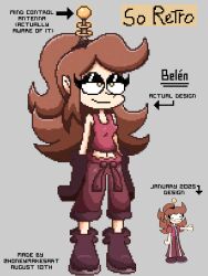 antenna aware belen_(frantheflan) boots brown_hair clothed crossed_eyes femsub gloves honeymakesart meme original pixel_art smile tech_control yellow_eyes