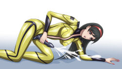  all_fours black_hair bodysuit brown_eyes corruption cum female_only femsub headdress kiryu large_breasts long_hair miki_saijou nail_polish open_clothes open_mouth orgasm rubber shoulder_pads simple_background solo space_battleship_yamato squirting strap-on tech_control vaginal white_background 