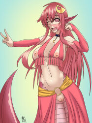 choker clothed_exposure collarbone elf_ears exposed_chest gloves hair_ornament harem_outfit kaa_eyes kayserend manip miia_(monster_musume) monster_musume naga_girl navel necklace nipples one_eye_open open_mouth opera_gloves pov_sub pussy red_eyes red_hair ring_eyes signature simple_background skullman2033_(manipper) smile v veil wink