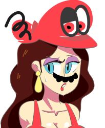 artist_request bare_shoulders blue_eyes brown_hair cappy cleavage earrings femsub hat jewelry makeup nintendo pauline possession source_request super_mario_bros. super_mario_odyssey