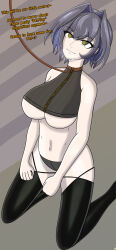 anno_(artist) blue_eyes blue_hair collar consensual crop_top eyebrows_visible_through_hair female_only femsub grey_hair happy_trance hololive hololive_english kneeling kronii_ouro leash lingerie midriff multicolored_hair navel no_bra panties pet_play short_hair simple_background smile solo sweater symbol_in_eyes text thighhighs underboob