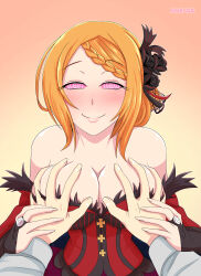 absurdres bare_shoulders blush breast_grab breasts cleavage femsub groping hair_ribbon happy_trance hypnotic_accessory jewelry koari_zue large_breasts long_nails maledom orange_hair pink_eyes priscilla_barielle re:zero_starting_life_in_another_world ribbon smile spiral_eyes symbol_in_eyes