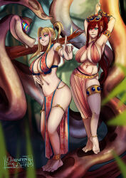 absurdres anklet arm_bands arms_above_head blonde_hair breasts coils dancer dancing disney erza_scarlet fairy_tail femsub glowing glowing_eyes happy_trance harem_outfit hypnotic_eyes jewelry kaa kaa_eyes lairreverenteboladepelos large_breasts loincloth lucy_heartfilia maledom midriff red_hair smile snake the_jungle_book