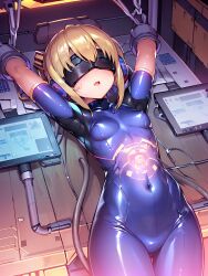  ai_art arms_above_head blonde_hair blush bodysuit cables control_indicator corruption erect_nipples_under_clothes female_only femsub glowing headphones hologram koimin4_(generator) monitor navel on_back open_mouth restrained rubber short_hair small_breasts solo stable_diffusion_(ai) tech_control visor wires 