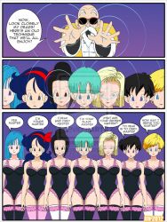 age_difference android_18 black_hair blonde_hair blue_hair breasts bulma_briefs chichi comic dialogue dragon_ball empty_eyes erasa femsub green_hair happy_trance jimryu large_breasts launch lingerie long_hair magic maledom maron master_roshi multiple_girls short_hair standing standing_at_attention text thighhighs underwear videl