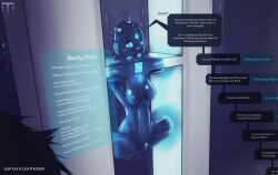  bald ball_gag bodysuit female_only femsub glowing_eyes latex mask restrained solo tech_control text the_dai_li 