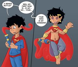 black_hair dc_comics elf_ears genie happy_trance harem_outfit male_only malesub mr.h smile spiral_eyes super_hero superboy superman_(series) symbol_in_eyes text transformation