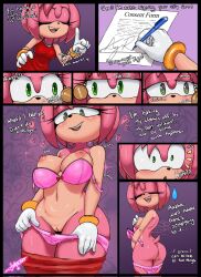  amy_rose before_and_after bra breasts comic consensual denial female_only femsub furry gloves heart hedgehog_girl jollysart panties pendulum pocket_watch pussy solo sonic_the_hedgehog_(series) spiral_eyes symbol_in_eyes text unaware undressing 