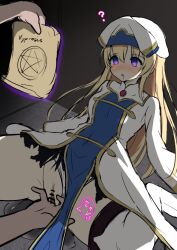  blonde_hair blush boots censored clothed_exposure dialogue drool empty_eyes expressionless femsub fingering glowing_eyes goblin_slayer haruduki hat high_heels japanese_text kneeling long_hair magic maledom pentagram priestess_(goblin_slayer) purple_eyes pussy pussy_juice spread_legs text thighhighs torn_clothes 