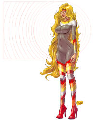 blonde_hair boots breasts expressionless female_only femsub high_heels hypnotia kaa_eyes large_breasts long_hair marvel_comics mask shono standing standing_at_attention super_hero thigh_boots thighhighs western