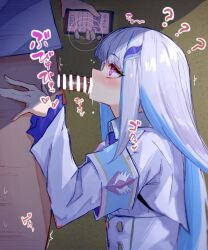  age_difference blue_hair blush cell_phone censored confused cum cum_in_mouth drool fellatio femsub hair_ornament hypnotic_app indifferent lize_helesta long_hair maledom nijisanji nutahi oral penis phone ring_eyes tech_control text translation_request unaware virtual_youtuber white_hair 