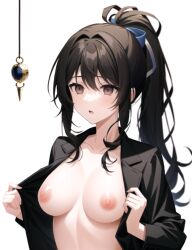  ai_art breasts breasts_outside brown_eyes brown_hair empty_eyes expressionless female_only femsub hair_ornament hair_ribbon long_hair nipples open_clothes open_mouth open_shirt original pendulum ponytail simple_background solo stable_diffusion_(ai) undressing white_background 
