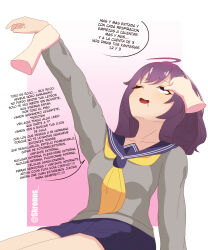  absurdres ahoge anko_koshi arms_above_head clothed collarbone death dialogue drool eye_roll female_only femsub happy_trance heavy_eyelids kronobas28 long_hair my_deer_friend_nokotan one_eye_open open_mouth phantom_hand purple_hair school_uniform simple_background sitting skirt sleeping sleepy smile spanish spanish_text text translated 