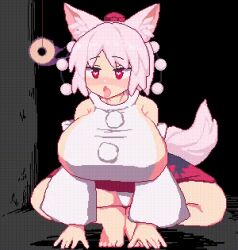  all_fours animal_ears animated animated_gif elyaps18 heart_eyes huge_breasts momiji_inubashiri panties panting pendulum pink_hair pixel_art squatting touhou 