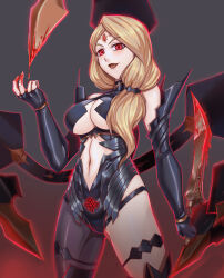  bare_shoulders blonde_hair blood blush breasts crotch_tattoo empty_eyes enemy_conversion female_only fingerless_gloves fire_emblem fire_emblem_three_houses kronya_outfit large_breasts leebigtree leotard looking_at_viewer mercedes_von_martritz navel nintendo open_mouth opera_gloves red_eyes solo sword underboob weapon 