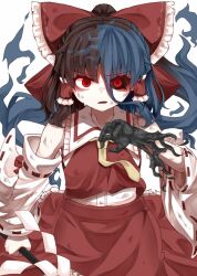 alternate_hair_color arm_warmers aura bare_shoulders black_sclera blue_hair bow brown_hair female_only femdom femsub long_hair looking_at_viewer mizuchi_miyadeguchi multicolored_hair open_mouth possession red_eyes red_hair reimu_hakurei slit_pupils staff sweat tie touhou weapon white_background zetsumame