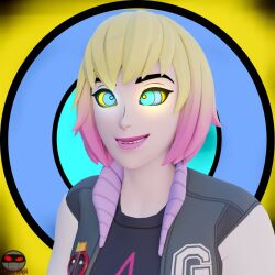 3d blonde_hair clothed female_only femsub fortnite gwen_poole gwenpool happy_trance hypno_ninja jacket kaa_eyes lipstick marvel_comics pink_hair pink_lipstick shirt signature smile smirk solo spiral spiral_background spiral_eyes