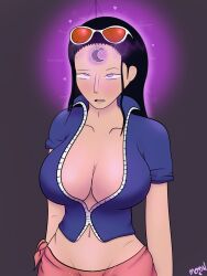  absurdres black_hair cleavage collarbone crop_top crossed_eyes dazed drool female_only femsub glowing glowing_eyes heart heavy_eyelids huge_breasts long_hair m00n_key mantra midriff navel nico_robin one_piece open_mouth pendulum pink_eyes shirt signature simple_background solo spiral sunglasses text 