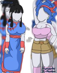  arms_above_head arms_behind_back black_hair blue_hair breasts chichi dnaspice dragon_ball dress earrings faceless femsub grey_skin human_furniture hypnovember inanimate_object large_breasts launch limp mannequin one_bar_prison ponytail shorts statue transformation 