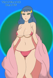  absurdres blue_hair bra breasts dawn female_only femsub large_breasts long_hair nintendo open_mouth pokemon pokemon_diamond_pearl_and_platinum ring_eyes solo temperancedraws underwear undressing 